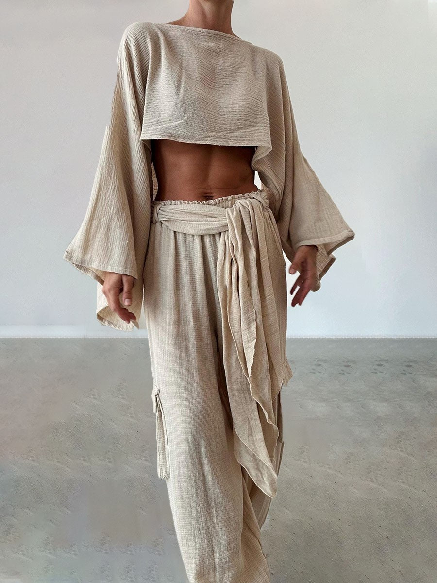 Boho Cotton-Linen Two-Piece Set – Chic & Breezy Waistless Outfit