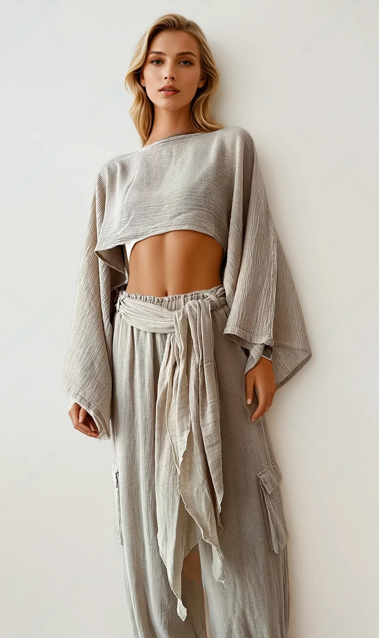 Boho Cotton-Linen Two-Piece Set – Chic & Breezy Waistless Outfit