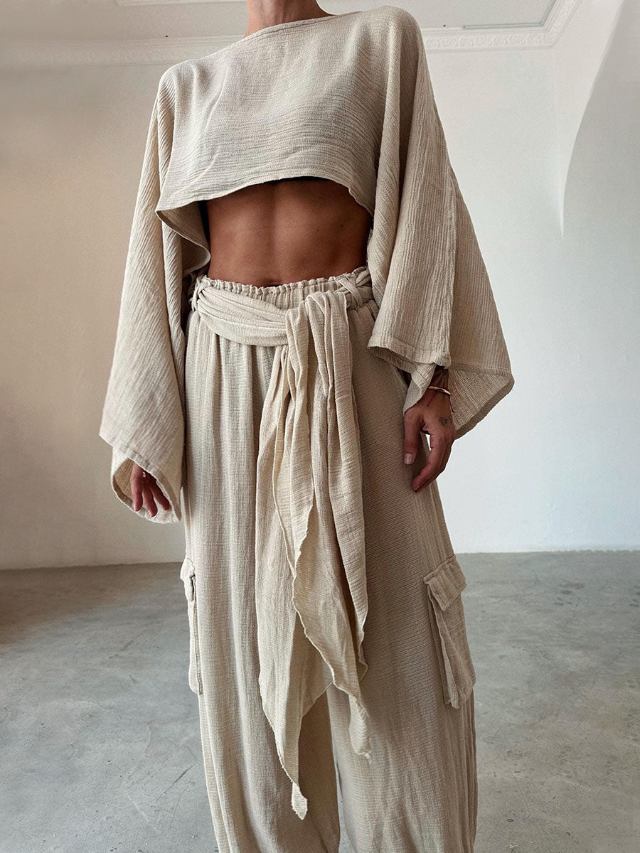 Boho Cotton-Linen Two-Piece Set – Chic & Breezy Waistless Outfit