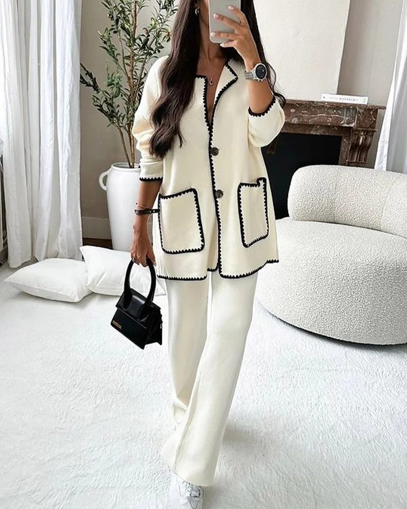Chic Contrast-Trim Two-Piece Set – Elegant Jacket & Pants