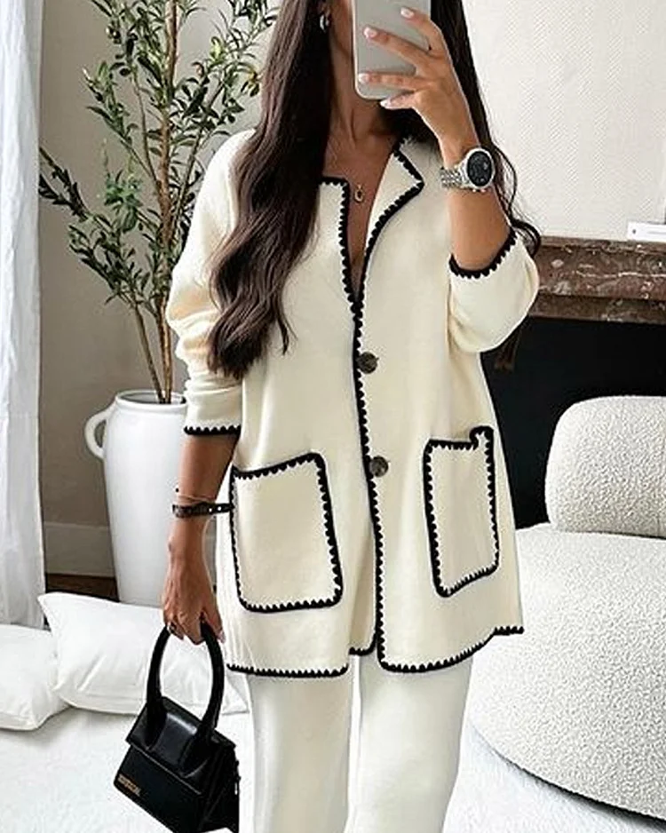 Chic Contrast-Trim Two-Piece Set – Elegant Jacket & Pants