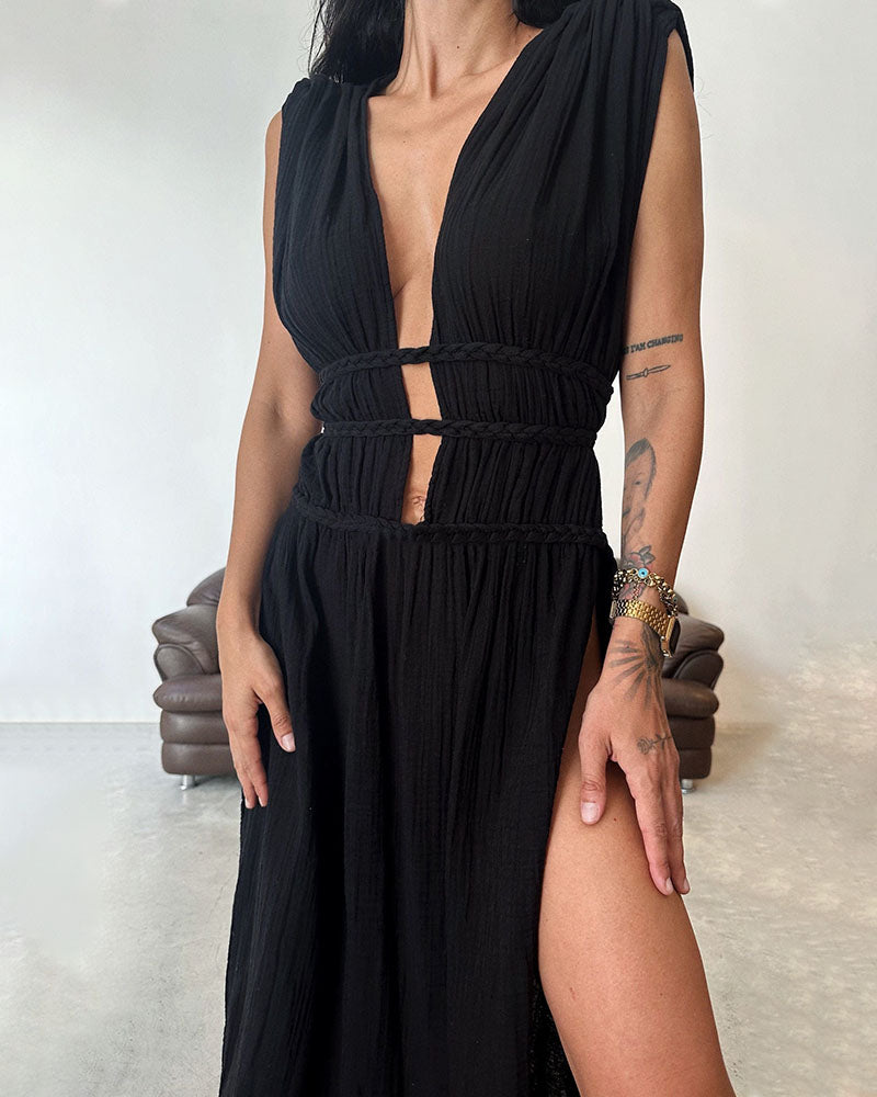 Elegant Lace-Up Cotton-Linen Slit Dress – Chic & Breezy Style