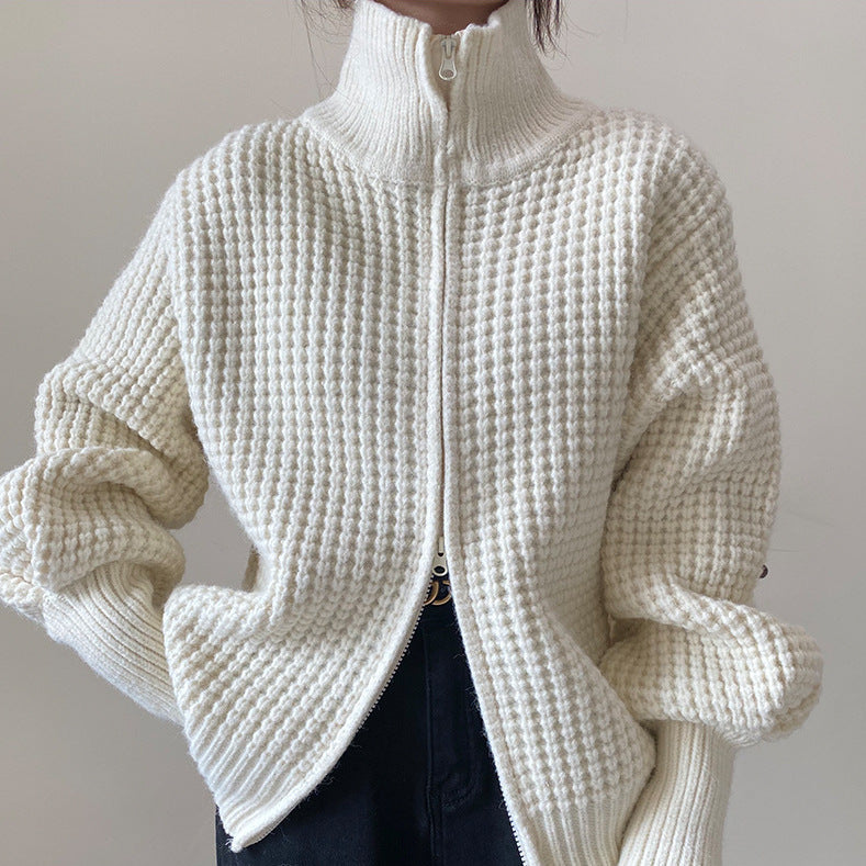 Cozy Turtleneck Zip-Up Knit Cardigan – Elegant & Warm Layering Piece