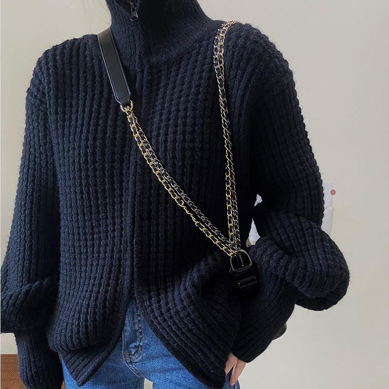 Cozy Turtleneck Zip-Up Knit Cardigan – Elegant & Warm Layering Piece