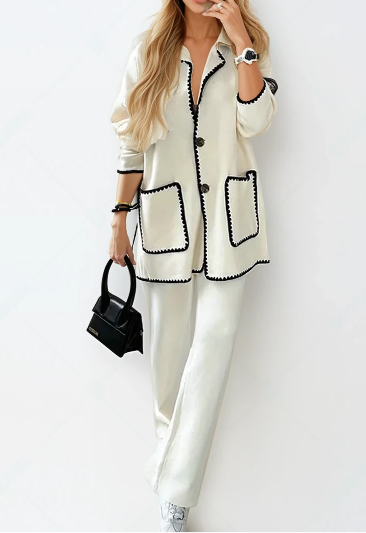 Chic Contrast-Trim Two-Piece Set – Elegant Jacket & Pants