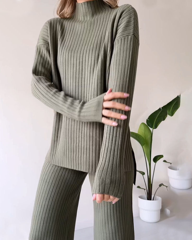 Cozy Knit Two-Piece Set – Casual Chic with Slit Detail