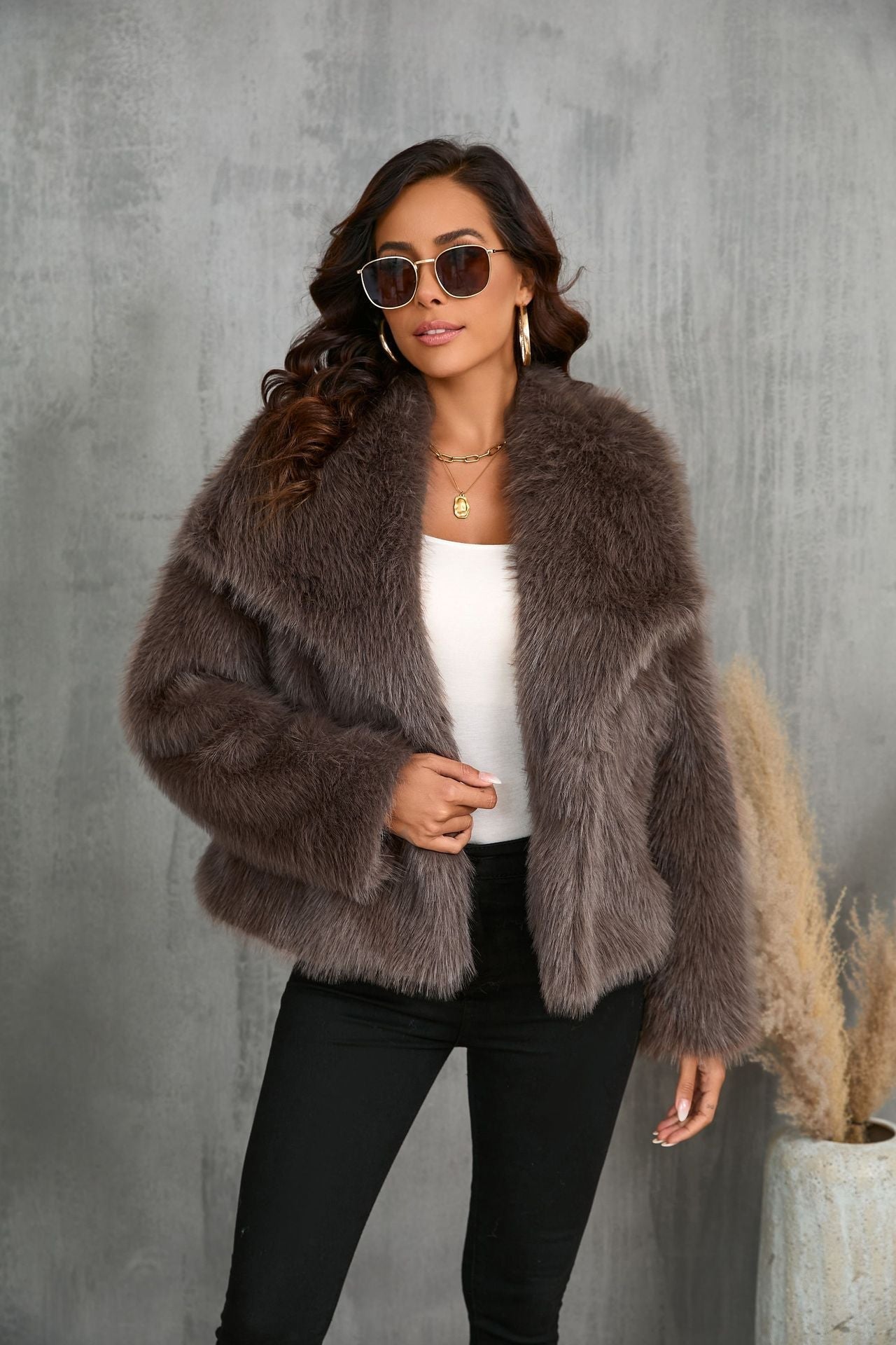 Faux Fur Jacket, Oversized Outerwear, Cozy Taupe Color-1