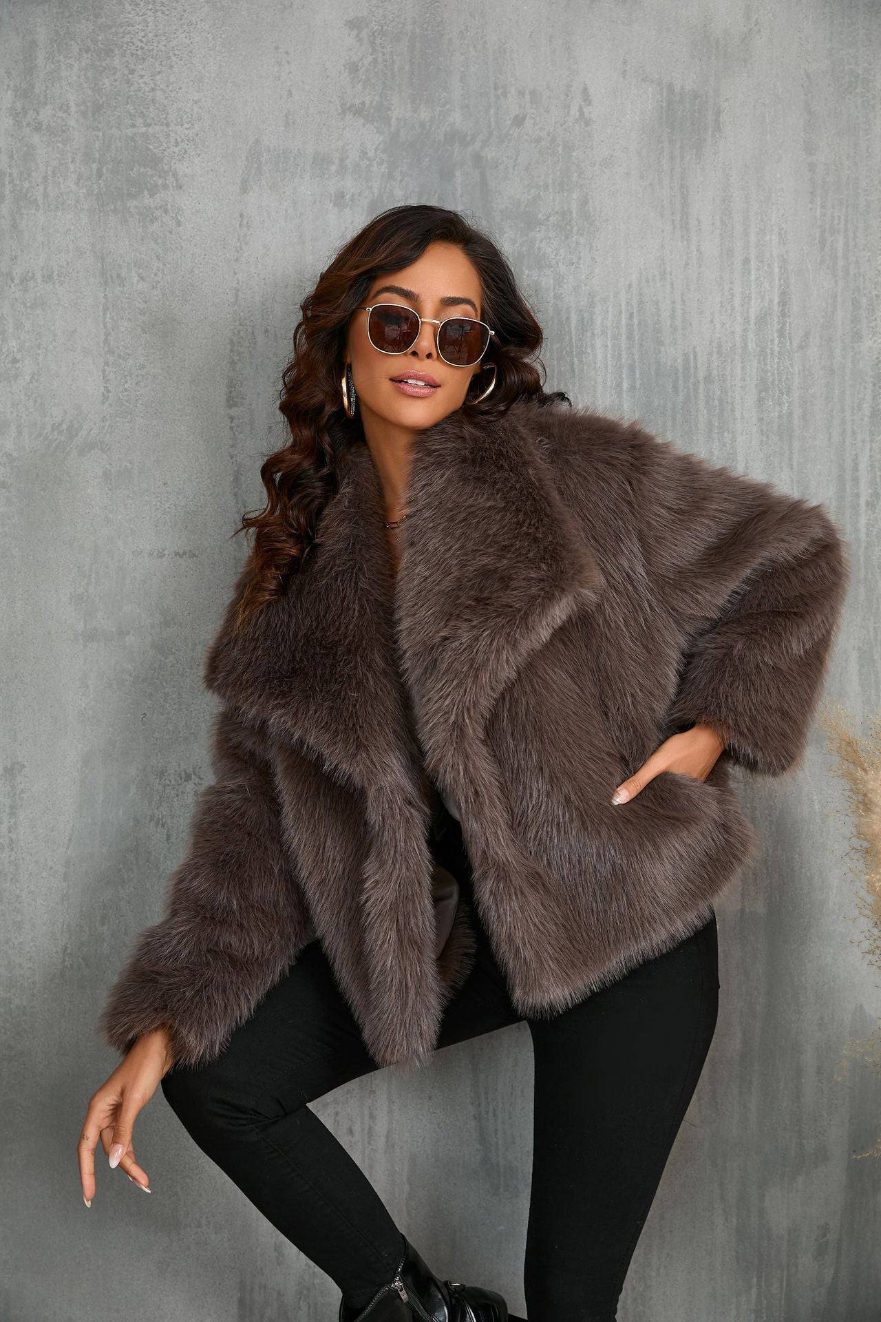 Faux Fur Jacket, Oversized Outerwear, Cozy Taupe Color-5