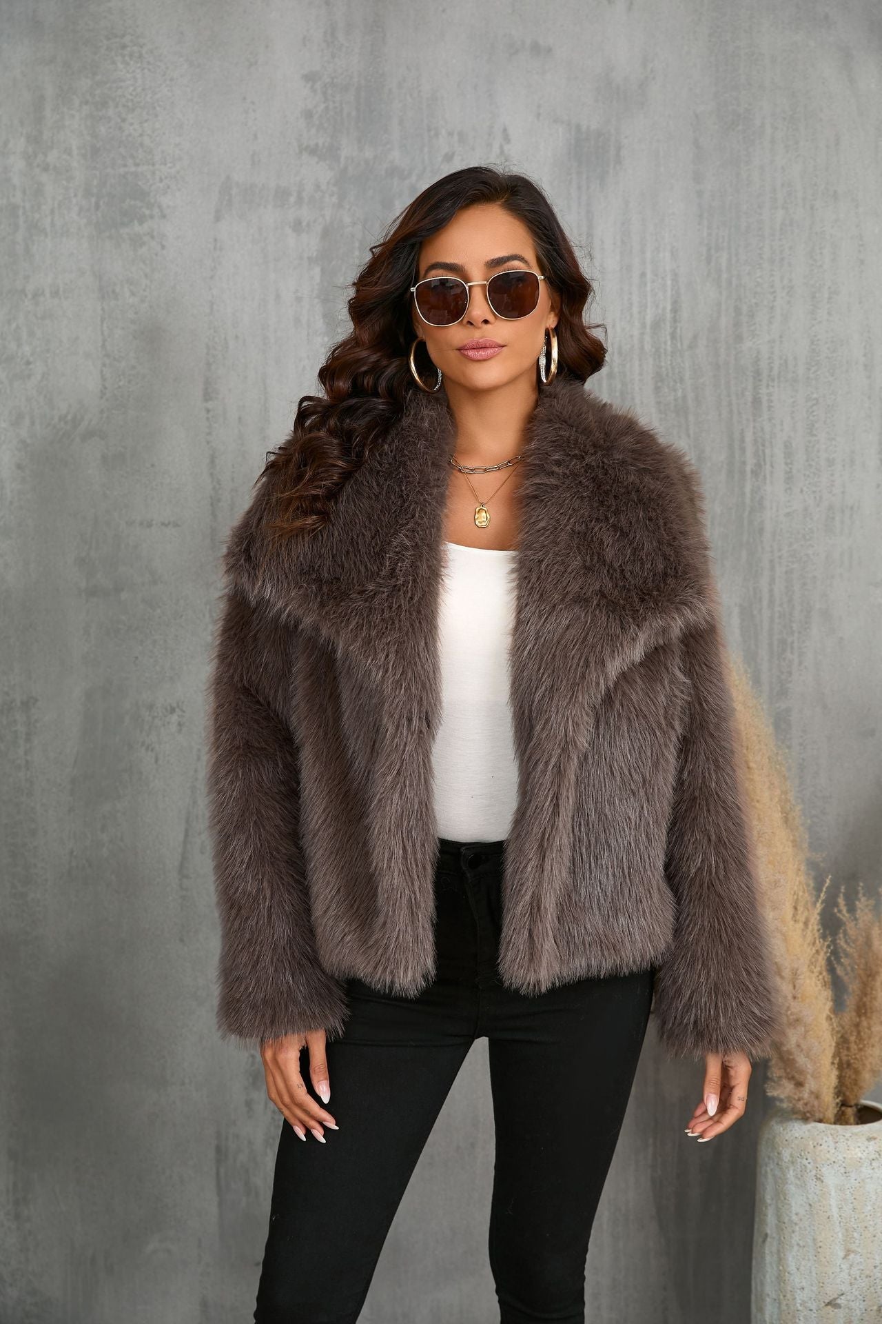 Faux Fur Jacket, Oversized Outerwear, Cozy Taupe Color-3