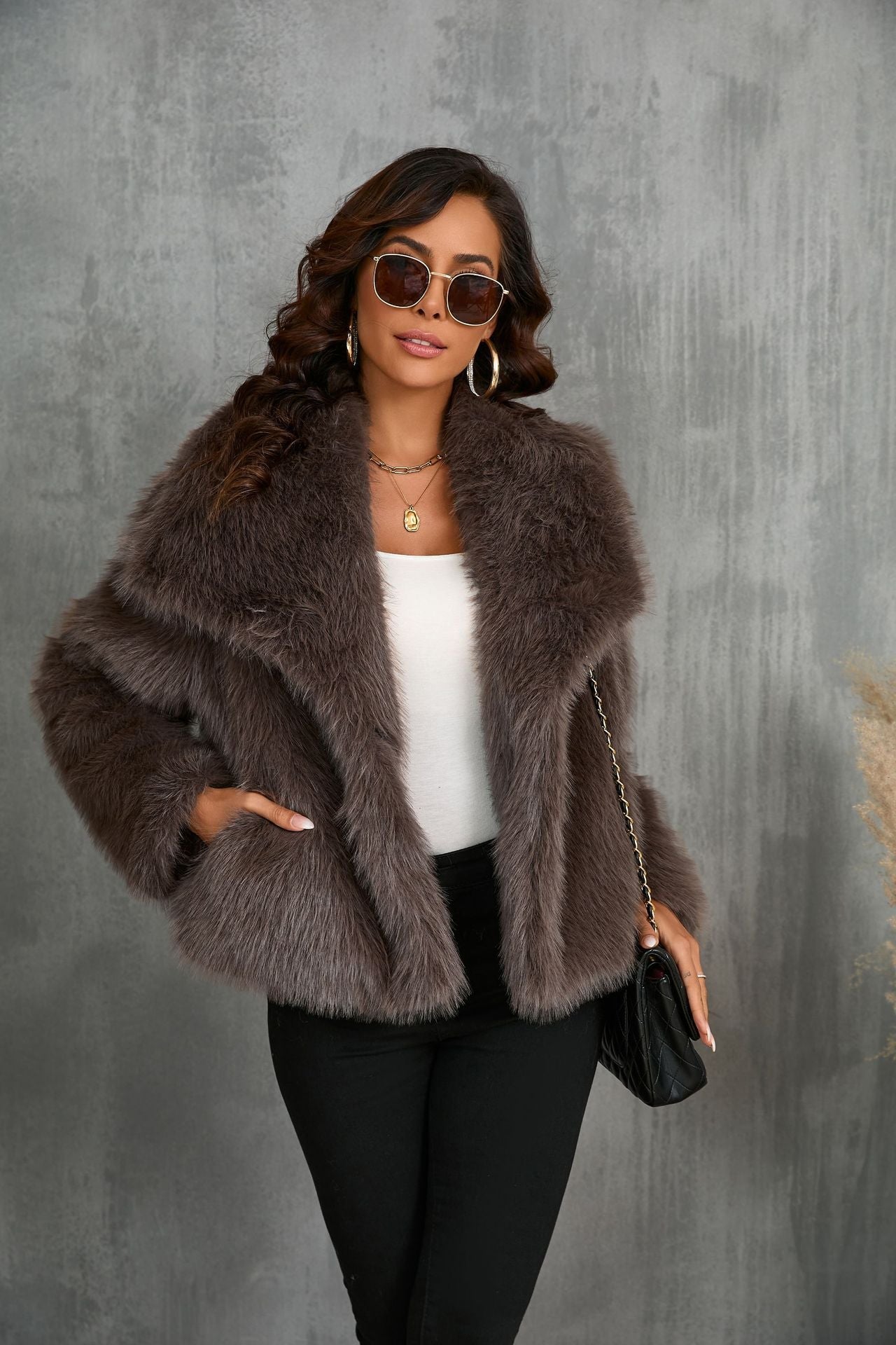 Faux Fur Jacket, Oversized Outerwear, Cozy Taupe Color-4