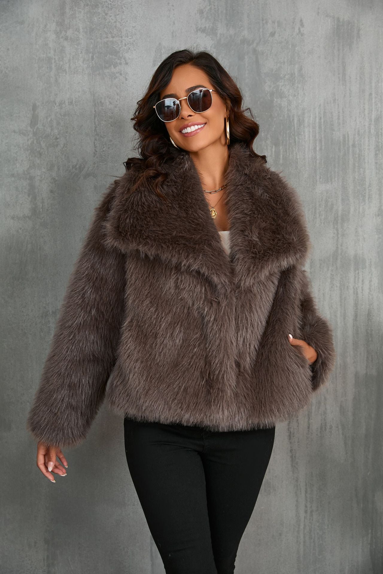 Faux Fur Jacket, Oversized Outerwear, Cozy Taupe Color-2