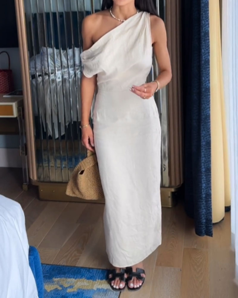 Elegant One-Shoulder Cotton-Linen Dress – Chic & Breezy Style