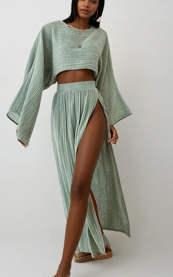 Chic Cotton-Linen Slit Two-Piece Set – Effortless Casual Elegance