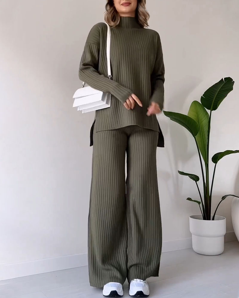 Cozy Knit Two-Piece Set – Casual Chic with Slit Detail