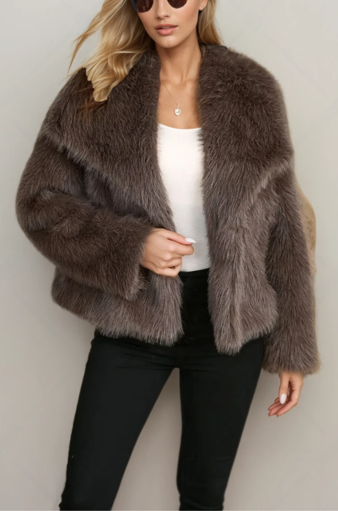 Faux Fur Jacket, Oversized Outerwear, Cozy Taupe Color