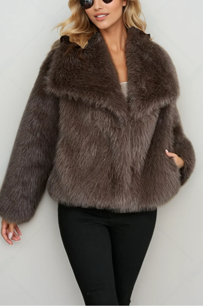 Faux Fur Jacket, Oversized Outerwear, Cozy Taupe Color