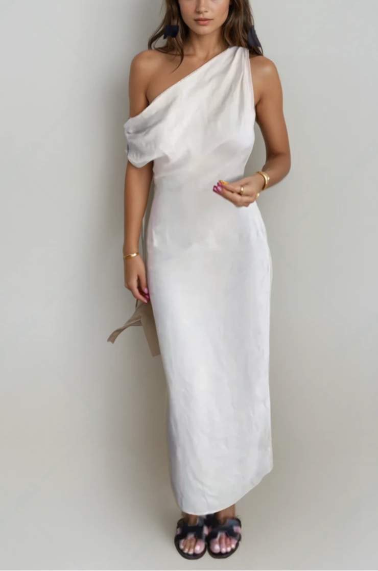 Elegant One-Shoulder Cotton-Linen Dress – Chic & Breezy Style