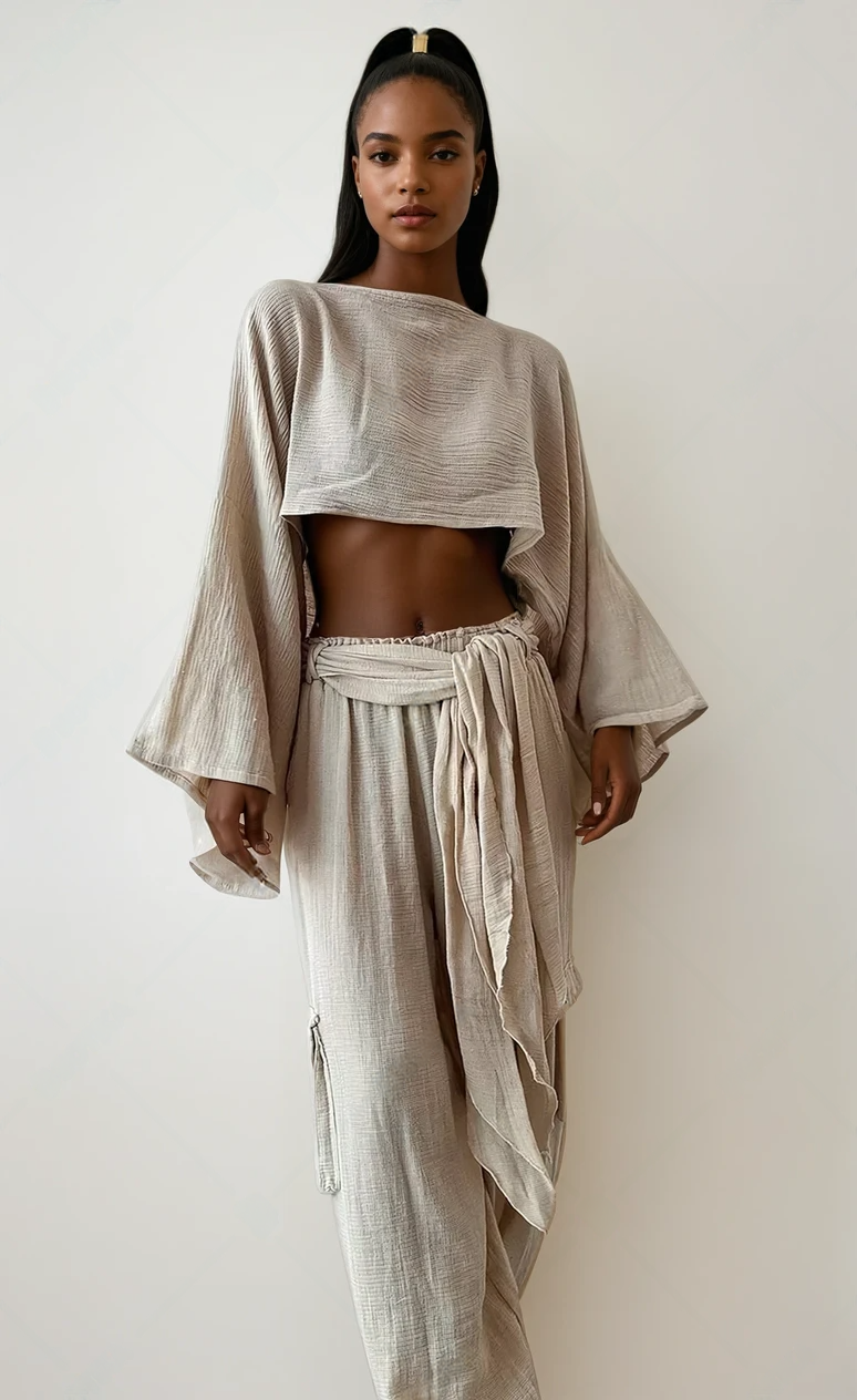 Boho Cotton-Linen Two-Piece Set – Chic & Breezy Waistless Outfit